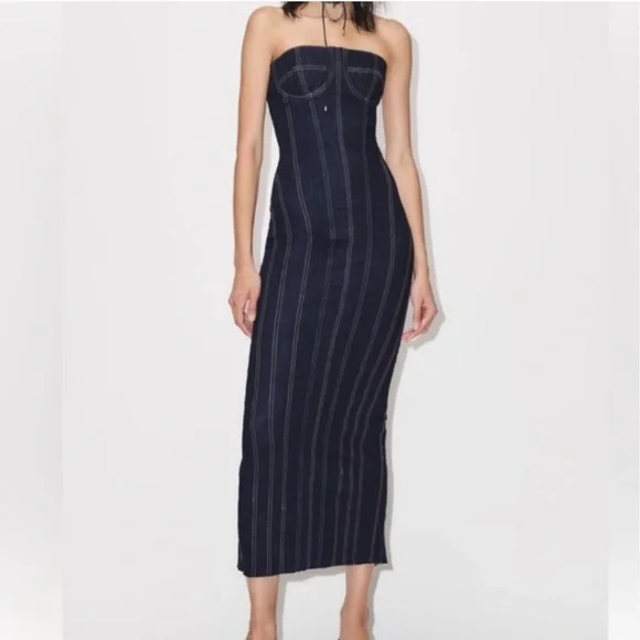 NWT Zara Blue Denim Midi Bustier Corset Party Dress Medium - Picture 1 of 16